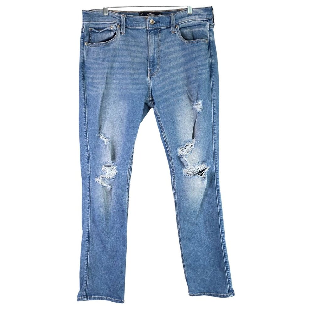 Mens Hollister Slim Straight Distressed Blue Denim Jeans Advanced Stretch 36X34